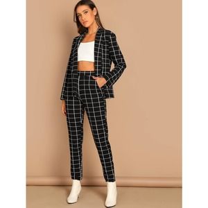 2 piece set: Business Casual plaid Grid Print Blazer & Straight Leg Pants Set